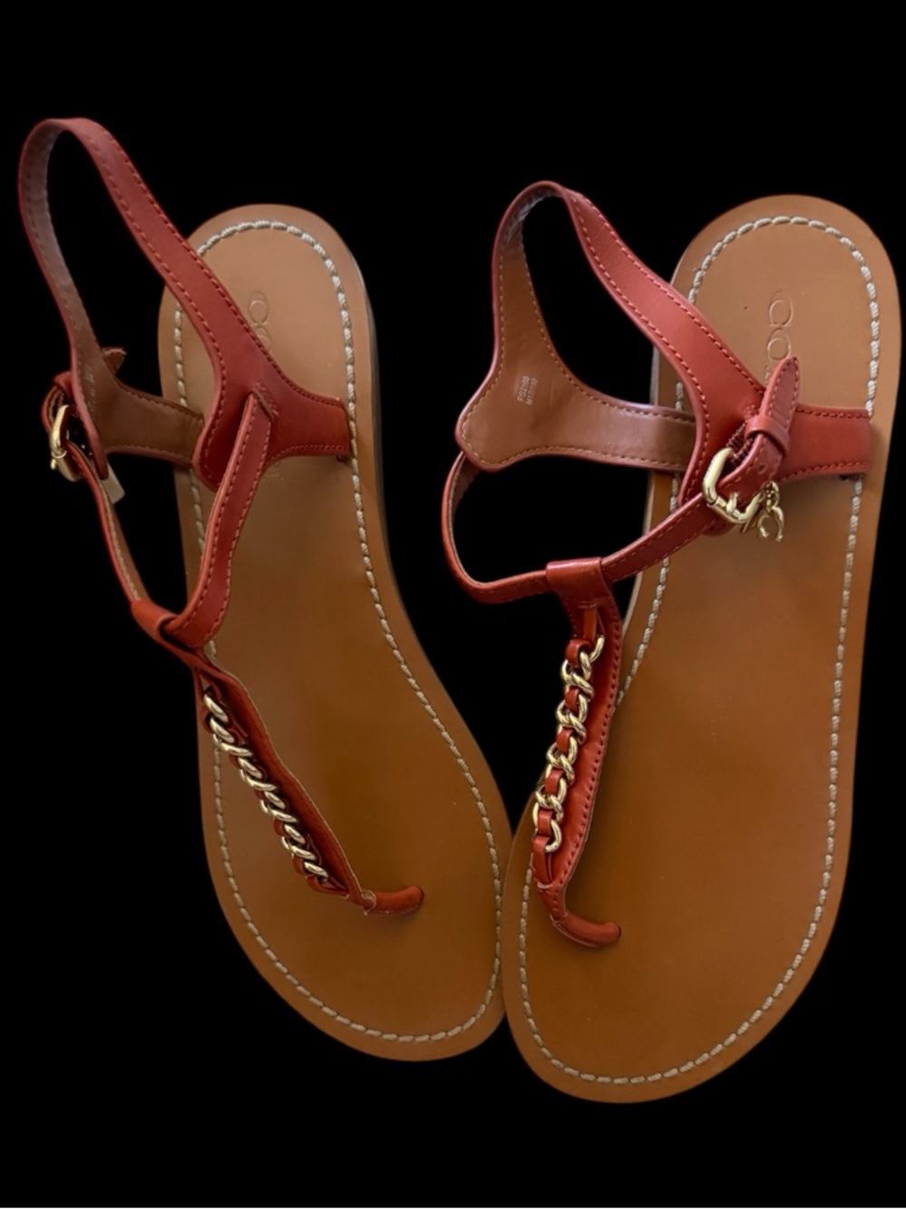 Coach Rusty Brown leather thong sandal with gold chain detail  
size 9